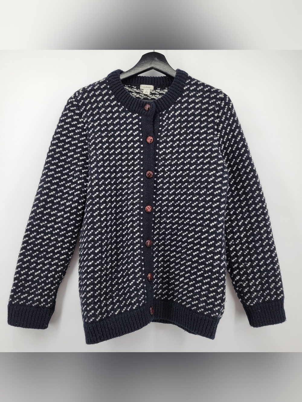 L.L. Bean Knit Cardigan Wool Sweater Size Medium Navy and White